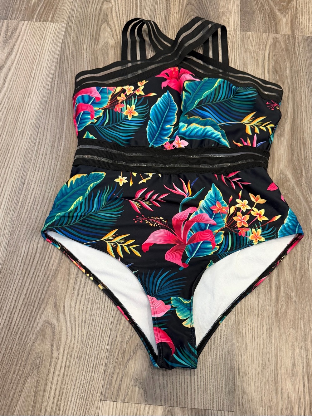 Tropical Floral Black One-Piece Swimsuit with Pink & Teal Accents
